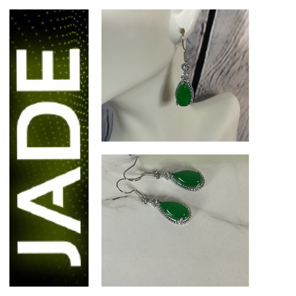 925 Sterling Silver Natural Jade Diamond Earrings #7